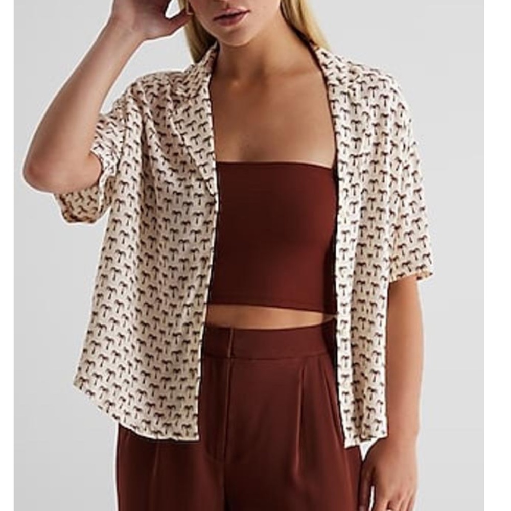 Palm trees print short sleeve button up boxy shirt